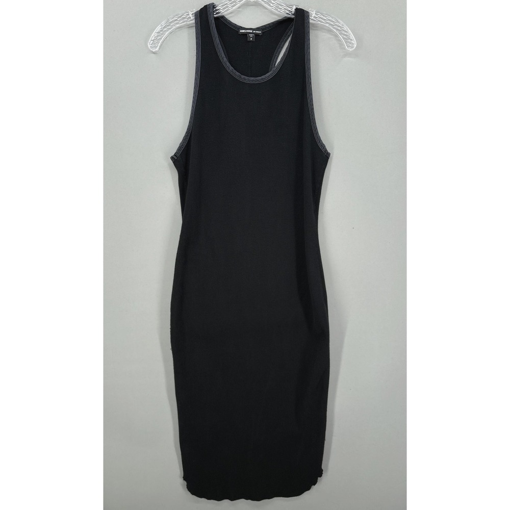 James Perse Dress Womens 2 Black Ribbed Tank Racerback Midi Bodycon Knit Stretch